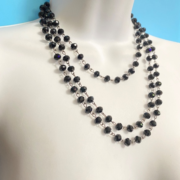 Vintage Black Glass Faceted Beads Long Necklace Over-The-Head Style - Picture 9 of 9